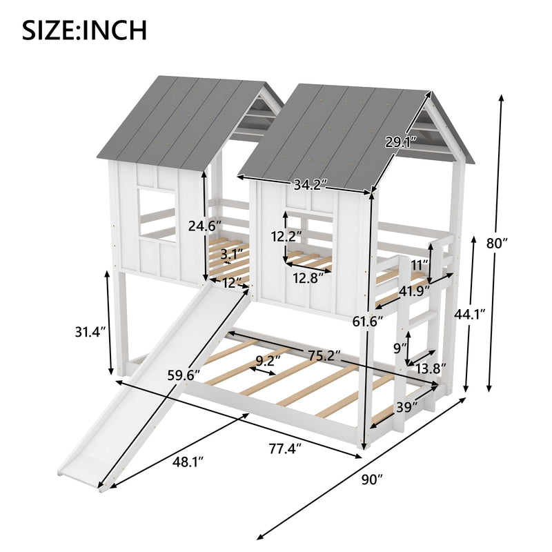 Twin Over Twin House Bunk Bed With Slide And Windows - White / Gray