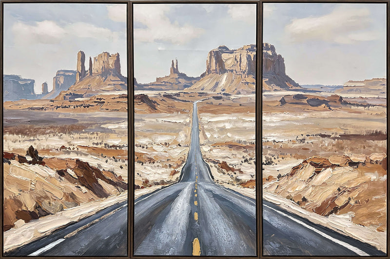 Beyond The Mesas - 20 X 39 - Hand-Embellished Canvas Triptych In Frame - Tan, Rust, Cream, Blue-Gray