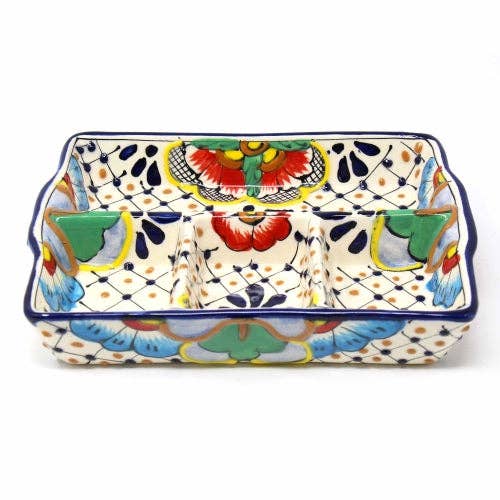 Encantada Handmade Pottery 9-inch Divided Platter, Dots & Fl