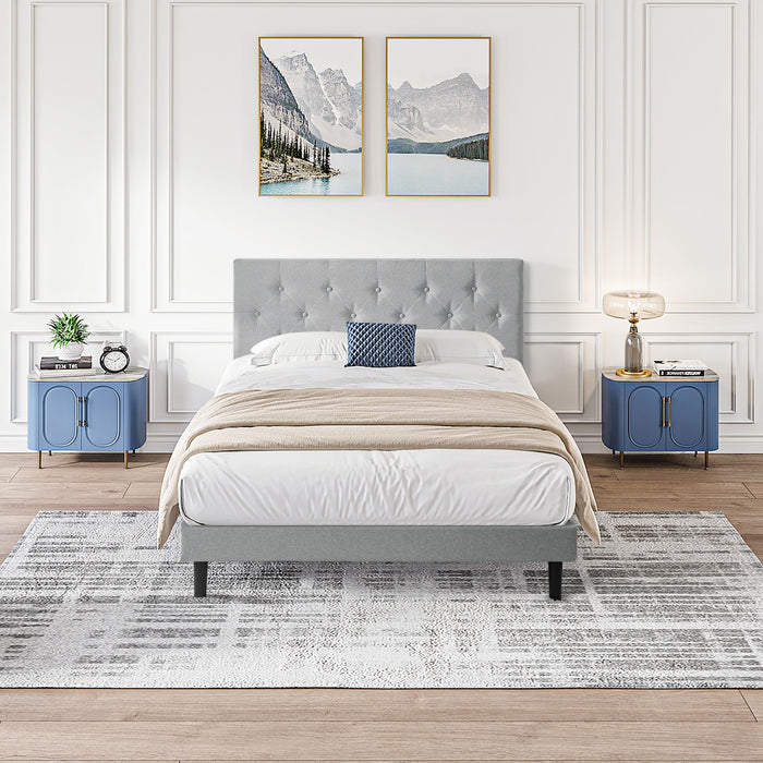 Modern Upholstered Platform Bed Frame With Button Tufted Linen Fabric Headboard