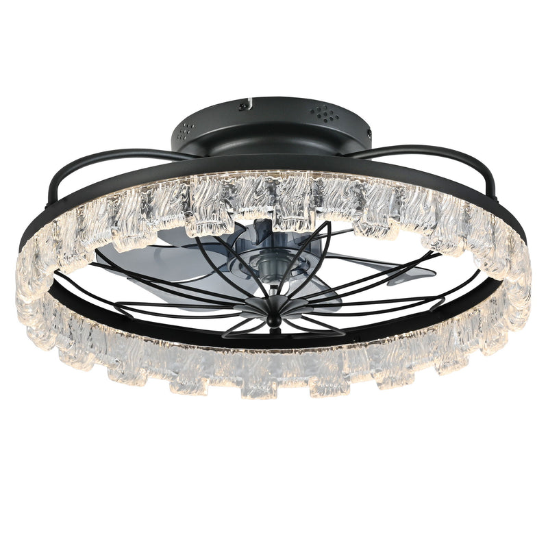 Ceiling Fan With Light, Flower Caged Ceiling Fan With Remote, LED Low Profile Ceiling Light - Matte Black