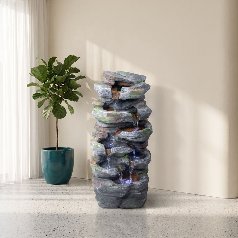 Rock Waterfall Outdoor Fountain With LED Lights - Gray