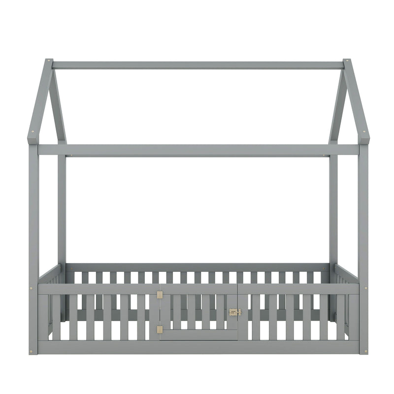 Wood House Bed With Fence And Door