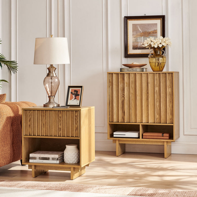 Sideboard Buffet Cabinet With Grille Slat Design With 3 Doors And Adjustable Shelves