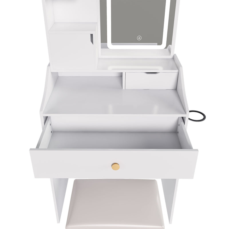 3 Color LED Vanity Mirror With Stool, 2 Drawers & 5 Storage Cabinets, Adjustable Lighting - White