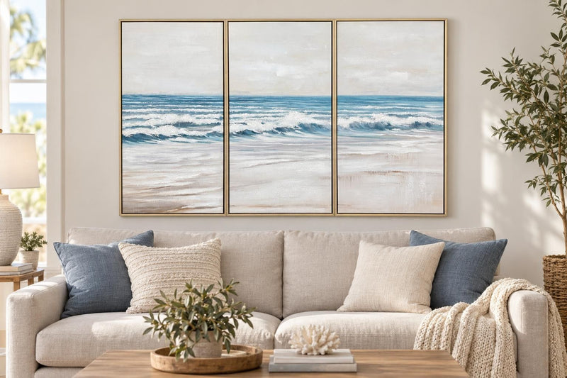 Shoreline Cadence - 59 X 39 - Hand-Embellished Canvas Triptych In Frame - Blue