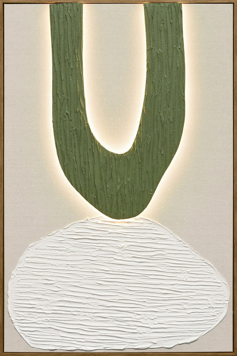 Mosslight Balance II - 32 X 47 - Hand-Painted Neon Canvas In Frame - Olive Green