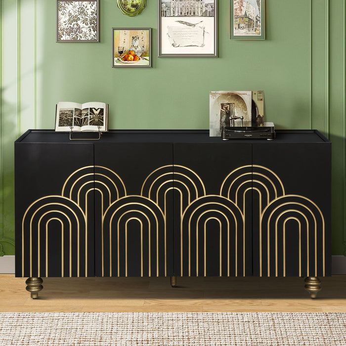 Modern Fluted Sideboard Buffet With Storage, Curve Element, 4 Doors With Adjustable Shelves