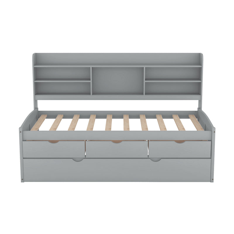 Captain Bed With Built In Bookshelves, 3 Storage Drawers, And Trundle