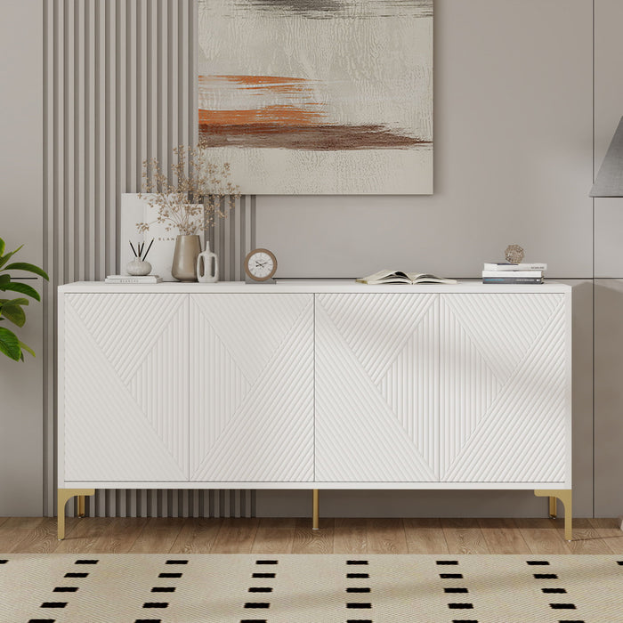 Modern Wood Sideboard Cabinet With Carved Door Panels, Adjustable Shelves, And Sturdy Metal Legs