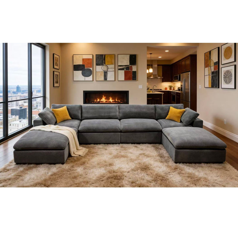 Upholstery Full Compressed Modular Sectional With Toss Pillows - Light Gray