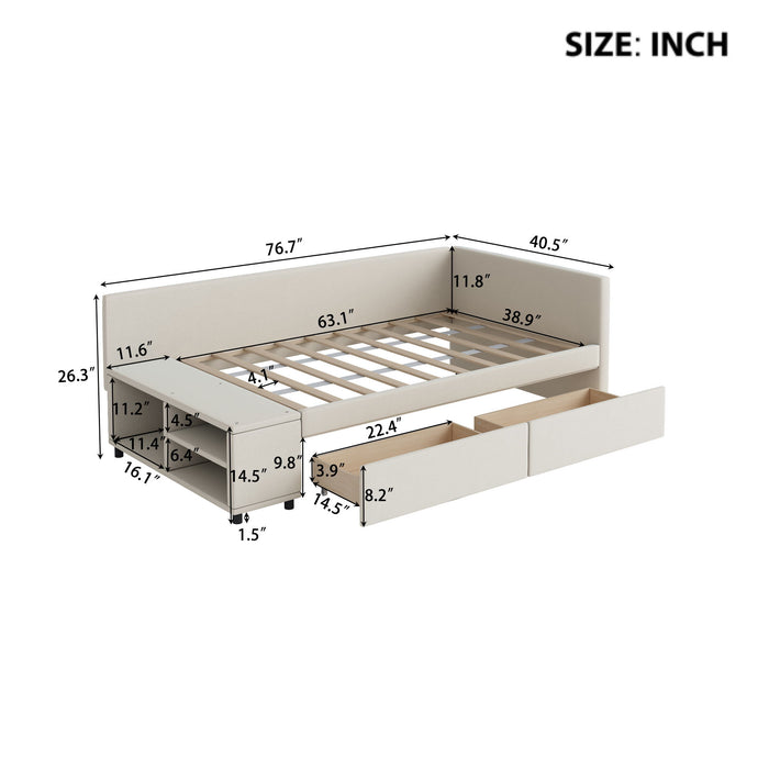 L Shaped Upholstered Platform Bed With Storage And Drawers