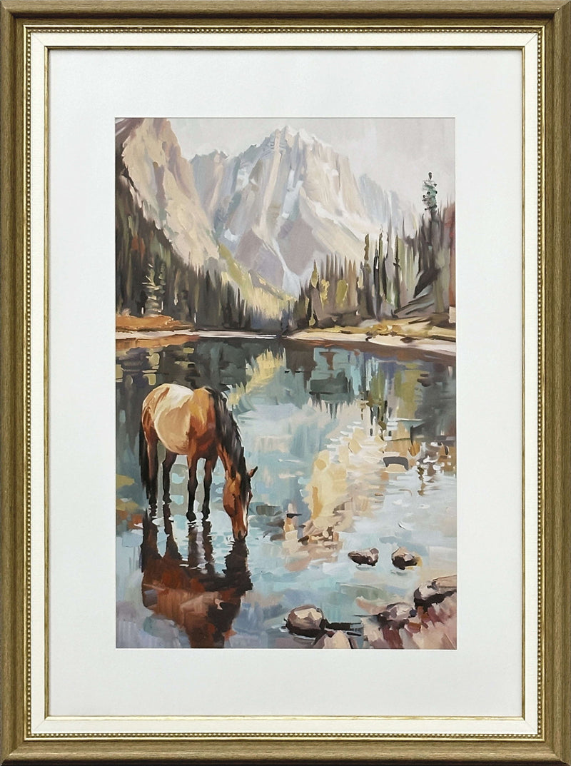 Alpine Watering I - 24 X 32 - Framed Print Under Glass - Blue, Brown, Green, Cream, Gray, White Mat, Brown Frame, Gold-Tone Frame Accents
