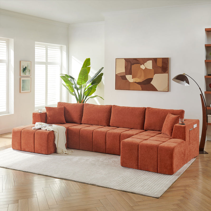 U - Shaped Sectional Sofa, Cup Holders & Side Pockets For Living Room