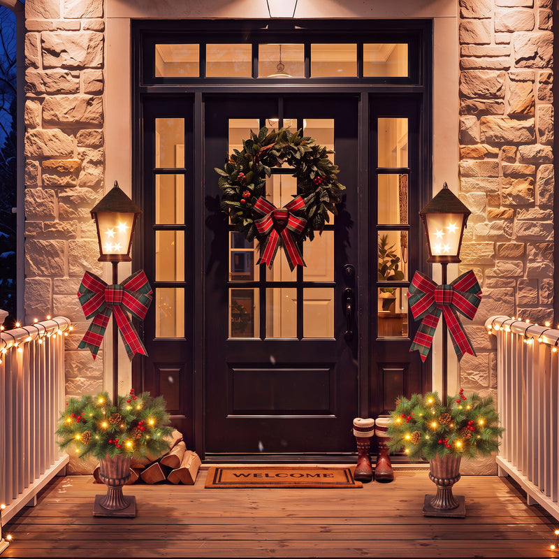 Christmas Lamp Post Decor With Plaid Bow, Artificial Outdoor Holiday Decor (Set of 2) - Brown / Bronze / Green