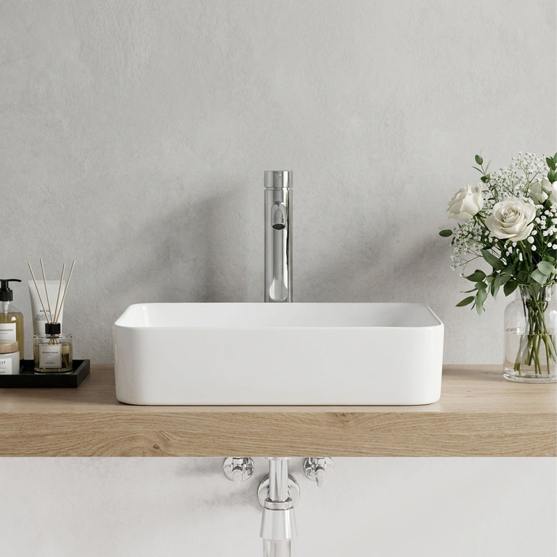 White Rectangular Ceramic Vessel Sink, Sleek Glazed Art Bathroom Sink Bowl, Countertop Vanity Basin