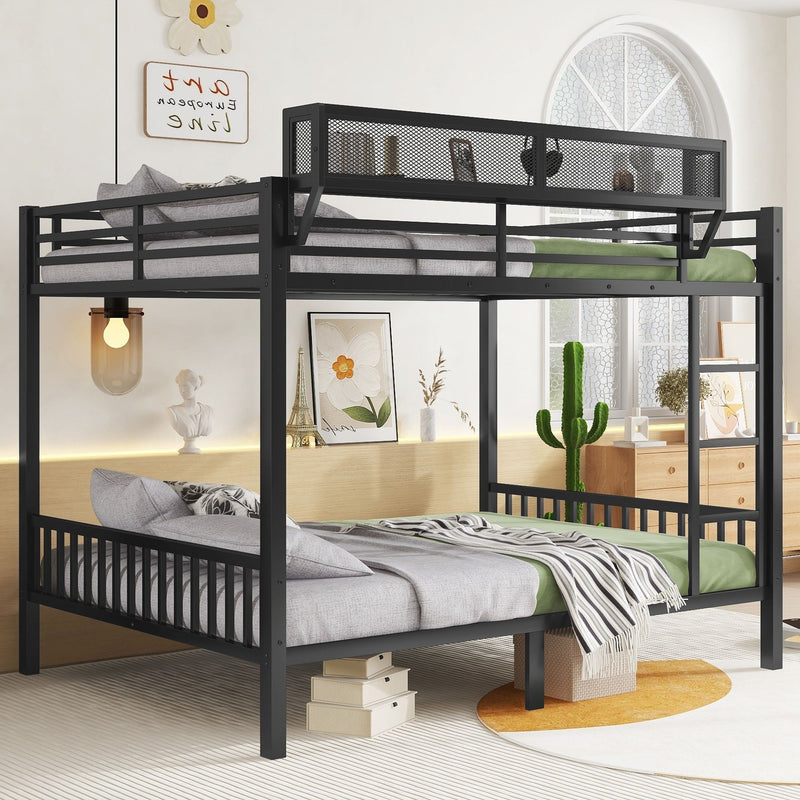 Queen Over Queen Bunk Bed With Ladder And Storage Shelf - Black