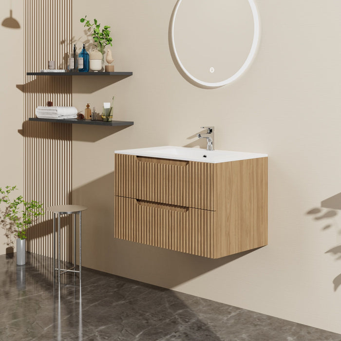 30" Wall Mounted Bathroom Vanity With Sink, Soft Close System, And Spacious Drawers - Walnut