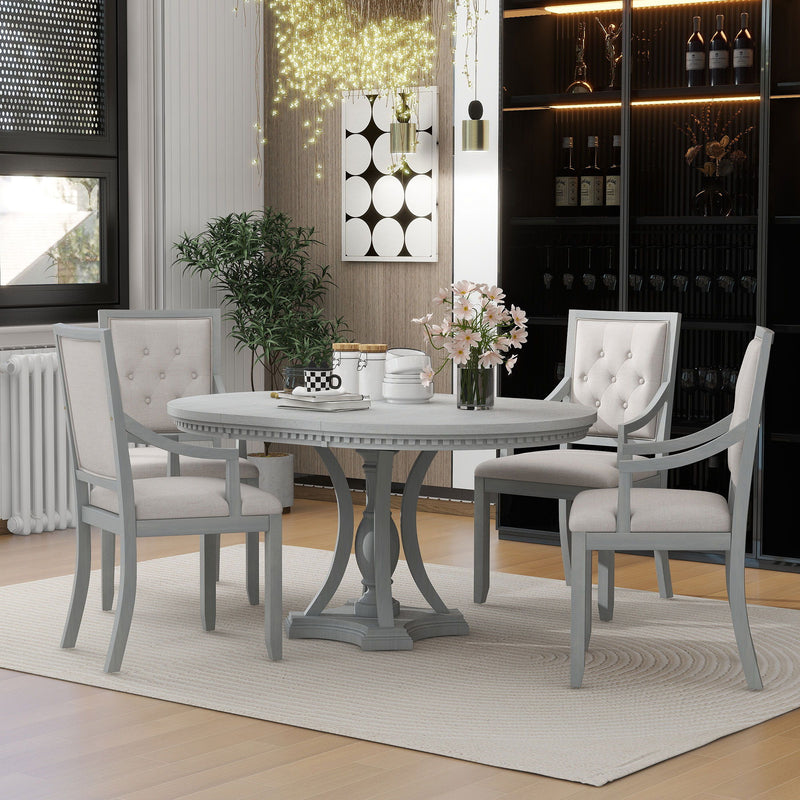 Trexm Retro 5-Piece Dining Set Extendable Round Table And 4 Chairs For Kitchen Dining Room (Antique Gray Oak)