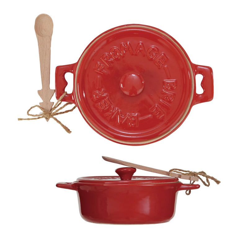 Stoneware Brie Baker w/Wood Tree Shaped Spoon | 2 Piece Set